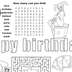 May include: Black and white activity sheet with a word search puzzle, a maze, and playing cards. The word search includes words like "birthday" and "spiderman". A cartoon of a character is on the right, and the words "Happy Birthday" are at the bottom.