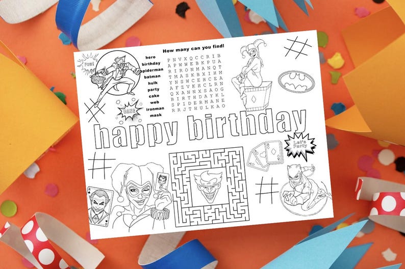 Birthday Color DC Villian Joker Harley Quinn party sheet