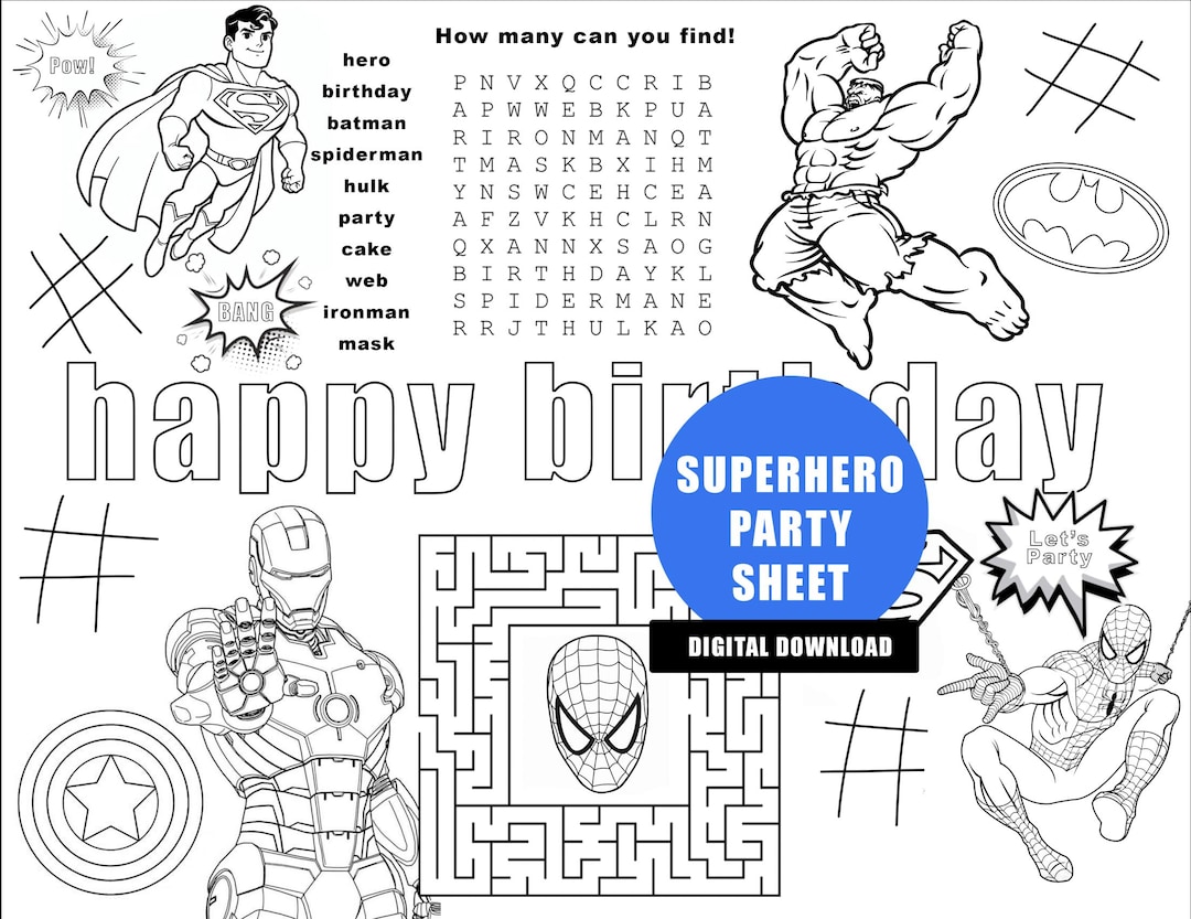 Superhero Birthday Coloring Sheet, Spiderman Activity Sheet, Hero Hulk ...