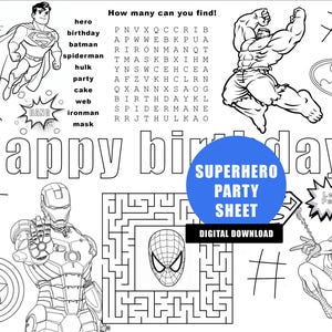 Superhero Birthday Coloring Sheet, Spiderman Activity Sheet, Hero Hulk Coloring Page, Happy Birthday Activity Sheet, Party Birthday Games
