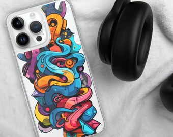 May include: A clear phone case with a colorful abstract design. The design features swirls, lines, and shapes in shades of blue, yellow, orange, pink, and purple. The case is designed for an iPhone 14 Pro Max.