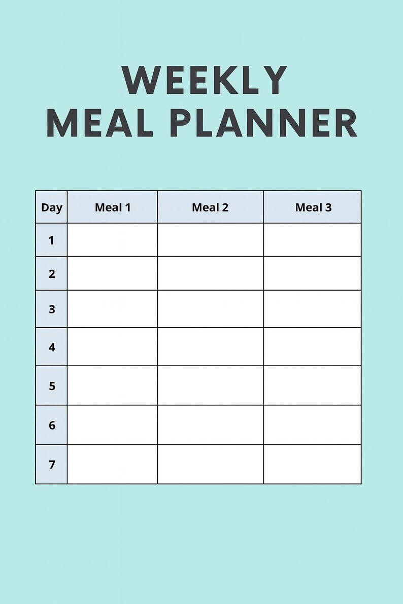 May include: A light blue weekly meal planner with the text "WEEKLY MEAL PLANNER" in dark gray. The planner has a grid with columns for Meal 1, Meal 2, and Meal 3, and rows for each day of the week, labeled 1 through 7.