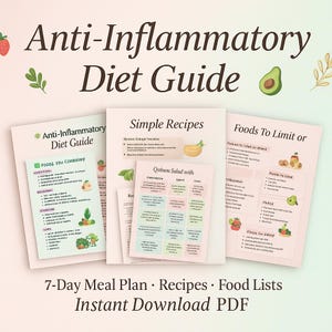 Peut inclure: Un guide de régime anti-inflammatoire avec le texte "7-Day Meal Plan Recipes Food Lists Instant Download PDF". Le guide comprend des listes d'aliments à consommer et à limiter, et des recettes simples. Le design présente des illustrations de fruits et légumes.