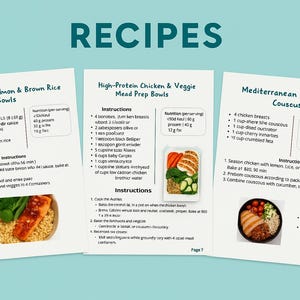 May include: Three recipe cards with instructions for Teriyaki Salmon & Brown Rice Bowls, High-Protein Chicken & Veggie Meal Prep Bowls, and Mediterranean Chicken & Couscous. The word "RECIPES" is at the top.