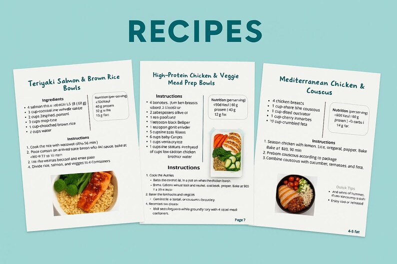 May include: Three recipe cards with instructions for Teriyaki Salmon & Brown Rice Bowls, High-Protein Chicken & Veggie Meal Prep Bowls, and Mediterranean Chicken & Couscous. The word "RECIPES" is at the top.