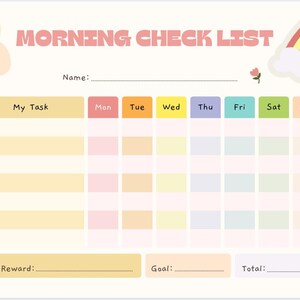 May include: A pastel-coloured morning checklist with the text "MORNING CHECK LIST" at the top. The checklist includes sections for tasks, days of the week, rewards, goals, and a total. Decorative elements include a rainbow, clouds, and flowers.