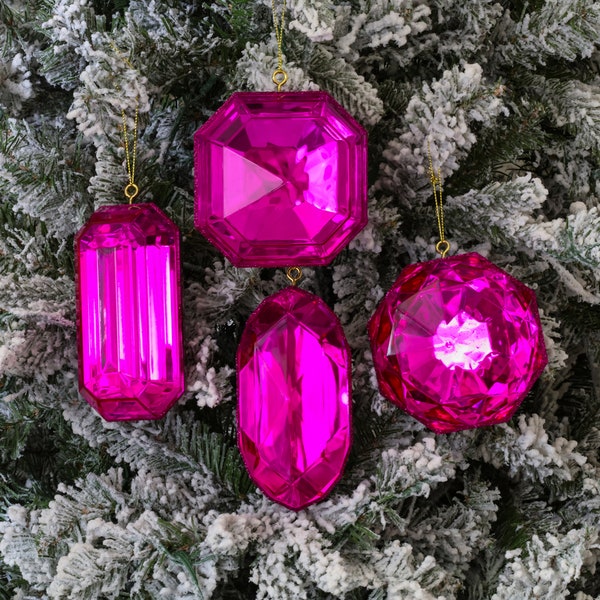 Mini Jewel Assortment Set of 4, Fuchsia, 4", Farrisilk, Shatterproof, Jewel Ornaments, Ornaments, Christmas Ornaments, Set of 4