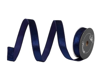May include: A deep navy blue velvet ribbon unwinding from a circular spool. The ribbon features a soft, textured surface with a subtle sheen. The spool is dark gray with the white text "Farrisilk" printed on the side, showing a central hole.