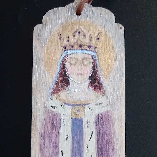 bladwijzer voor Sint Jadwiga van Anjou, koningin van Polen, handwerk, origineel cadeau voor een sterke vrouw, elegant woonkamerdecor