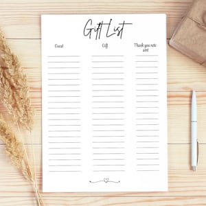 Gift List Printable, Thank You List, Baby Shower, Bridal Shower, Wedding Thank You List, Birthday Thank You list, Thank you