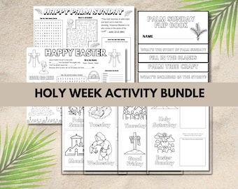Può includere: Pacchetto di attività della Settimana Santa per bambini, stampabile in bianco e nero. Include un libro a leggio della Domenica delle Palme, un labirinto di uova di Pasqua, spazi vuoti da riempire, un'attività di creazione di palme e un opuscolo della storia della Settimana Santa.