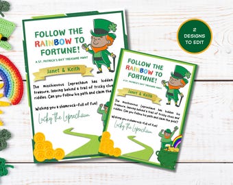 St. Patrick's Day Schatzsuche: Bearbeitbare Kobold-Hinweise (digital druckbar)