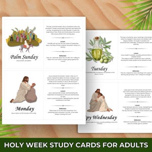 May include: A set of colorful study cards for adults about Holy Week. Each card features a different day of the week, a biblical scene, a lesson, and a reflection question. The cards are designed to help people learn about the events of Holy Week and their significance.