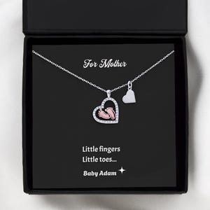 Collier en argent pour nouvelle maman, nouveau-né, empreinte de pas et coeur avec carte de message personnalisable. Souvenez-vous de votre mère préférée 2B