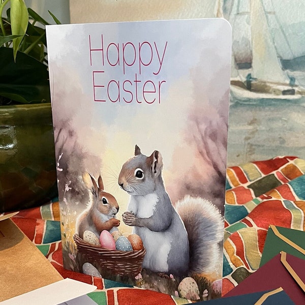 Easter NoteCard of a Cute Squirrel with Easter Bunny in basket of eggs. Original Art Print on 5x7 inch card with choice of envelopes