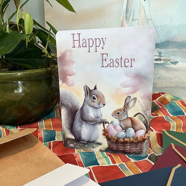 Easter Squirrel NoteCard of an Adorable Squirrel with Bunny and basket of eggs. Original Art Print on 5x7 inch card with choice of envelopes