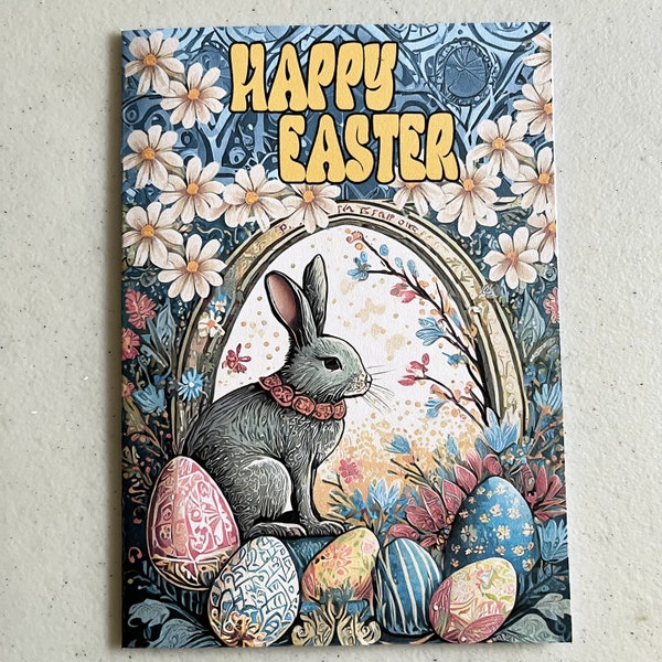 Retro Floral Easter Bunny NoteCard | Adorable Bunny | abundance of decorated eggs. Original Art Print on 5x7 inch card | choice of envelopes