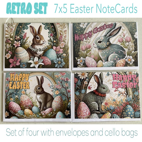 Whimsical Easter Card set | Four 5x7 in blank cards | unique art work, fun designs with Easter Bunny and decorated eggs.