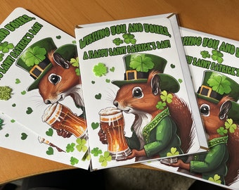 Saint Patrick's Day Squirrel NoteCard | Adorable | lots of shamrocks. Original Art Print on 5x7 inch card