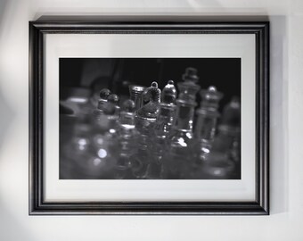 Glass Chess Wall Art, Chess Poster, Glass Chess Photography, Chess Knight, Living Room Art Chess Board Luxury Chess Art Black And White B&W