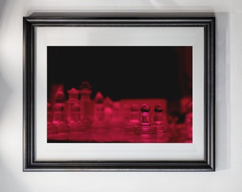 Glass Chess Wall Art, Chess Poster, Glass Chess Photography, Chess Pieces, Living Room Art Chess Board Luxury Chess Art Red Pawn Red Lights