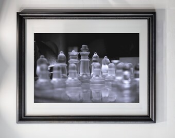 Glass Chess Wall Art, Chess Poster, Glass Chess Photography, Chess Pieces, Living Room Art Chess Board Luxury Chess Art Black And White B&W