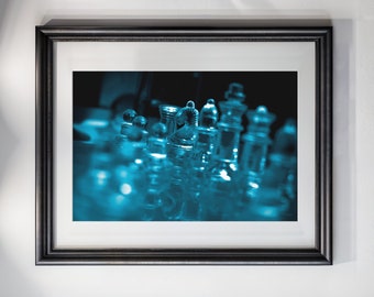 Glass Chess Wall Art, Chess Poster, Glass Chess Photography, Chess Knight, Living Room Art Chess Board Luxury Chess Art Blue Chess Poster