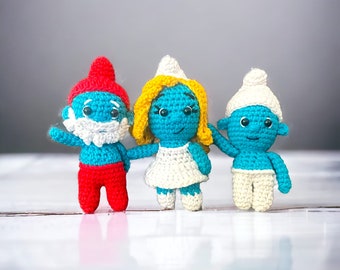 Minimalist Knitted The Smurfs Amigurumi Doll Set Of 3, Papa Smurf - Smurfette and Smurf Amigurumi Keychain, Crochet Amigurumi Toy For Kids