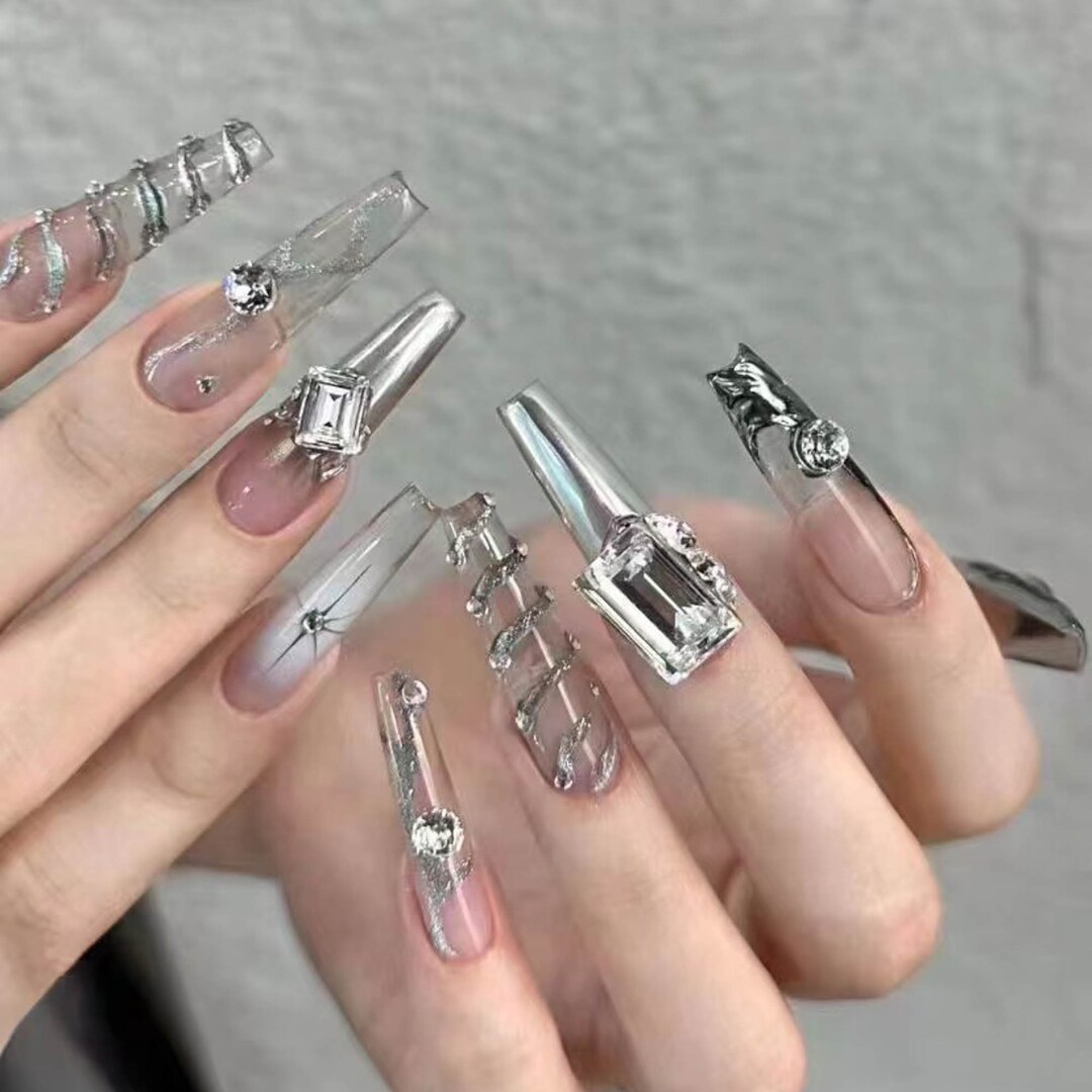 Silver Trapeze Diamond Nail Art Fingernail Etsy