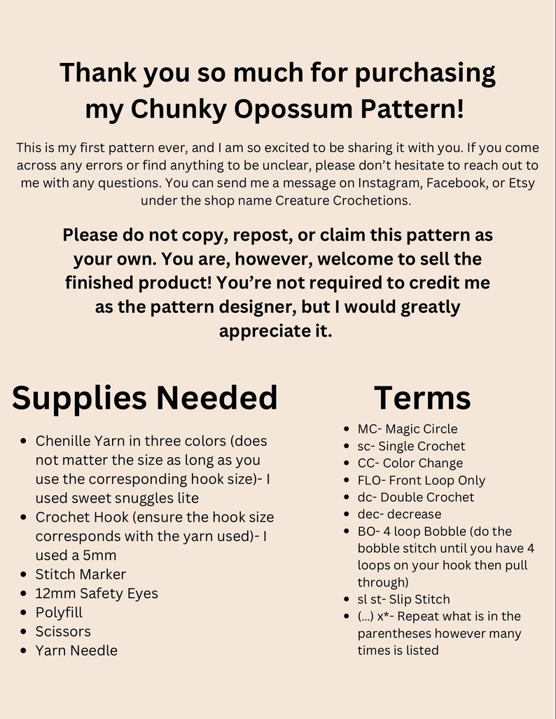 Charlie the Chunky Opossum Crochet Pattern: No-sew Amigurumi (PDF ...
