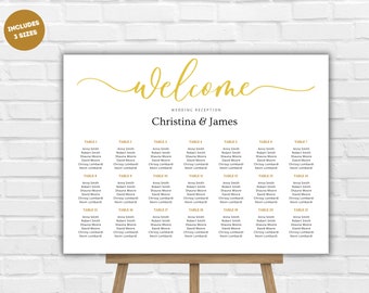 Gold Wedding Seating Chart Template, Elegant Wedding Seating Plan Sign, Gold Seating Chart, Printable, Editable, Canva