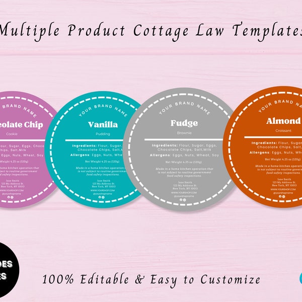 Cottage Law Editable Label Template, Bakery Food License Sticker, Home Bakery Sticker, Cookie, Bakery Labels, Circle Cake Stickers, Canva
