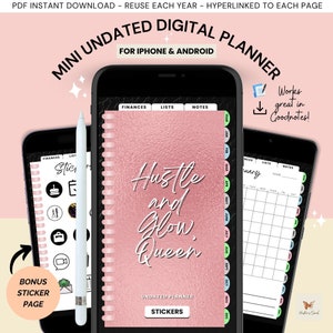 Può includere: Un'app di pianificatore digitale sullo schermo di uno smartphone con una copertina in pelle rosa e il testo "Hustle and Glow Queen". L'app ha sezioni per le finanze, gli elenchi e le note. Il pianificatore non è datato e include adesivi.