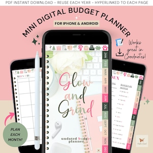 May include: A digital budget planner for iPhone and Android. The planner features a pink and green colour scheme with the words "Glow and Grind" in a stylised font. The planner is designed to be used with the Goodnotes app.