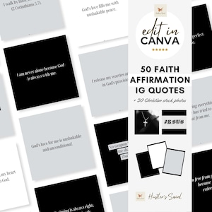 May include: A collage of 50 inspirational quotes about faith, with a black and white background. The text reads "50 Faith Affirmation IG Quotes + 30 Christian stock photos".