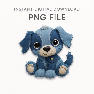 以下が含まれることがあります： デニム生地で作られた、青色の犬のイラスト。大きな目とベージュのアクセントが特徴です。「INSTANT DIGITAL DOWNLOAD」と「PNG FILE」のテキストが含まれています。デジタルプロジェクトに最適です。