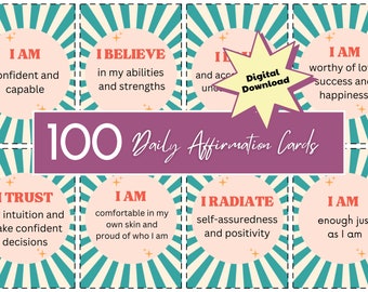 May include: A set of 100 daily affirmation cards with a pink and teal color scheme. The cards feature positive affirmations such as "I am confident and capable" and "I believe in my abilities and strengths".