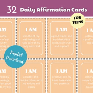 Peut inclure: Trente-deux cartes d'affirmation de couleur pêche pour adolescents avec une bordure blanche et des lignes pointillées noires. Chaque carte porte les mots "JE SUIS" en blanc en haut et une affirmation en blanc en dessous. Les cartes sont disposées en grille de quatre rangées et quatre colonnes. Le texte "POUR LES ADOLESCENTS" est dans un cercle jaune en haut de l'image.