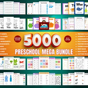 5000+ Preschool Pre-K + Kindergarten Learning Bundle, Activity Worksheets, Alphabet, Numbers, Shapes, Colors, Coloring pages, Do a Dot