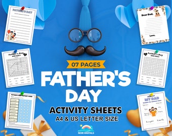 Printable Father's Day Sheets, Kids Activity Sheets, Gift for Dad from Son and Daughter, Letter to Father, Words Search Sheets, Rating Sheet