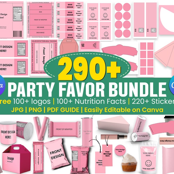 290+ Party Favor Templates Bundel, Party Favors, Chip Bag Templates, Waterfles Etiketten, Schoenendoos Sjabloon, Voedingsfeiten, Canva bewerkbaar