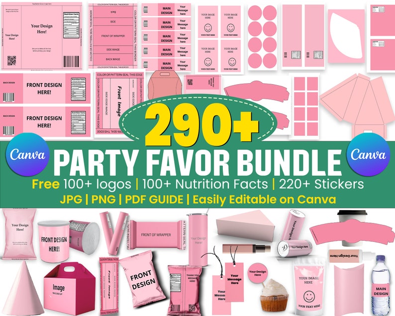 290+ Party Favor Templates Bundle, Party Favors, Chip Bag Templates, Water Bottle Labels, Shoe Box Template, Nutrition Facts, Canva Editable