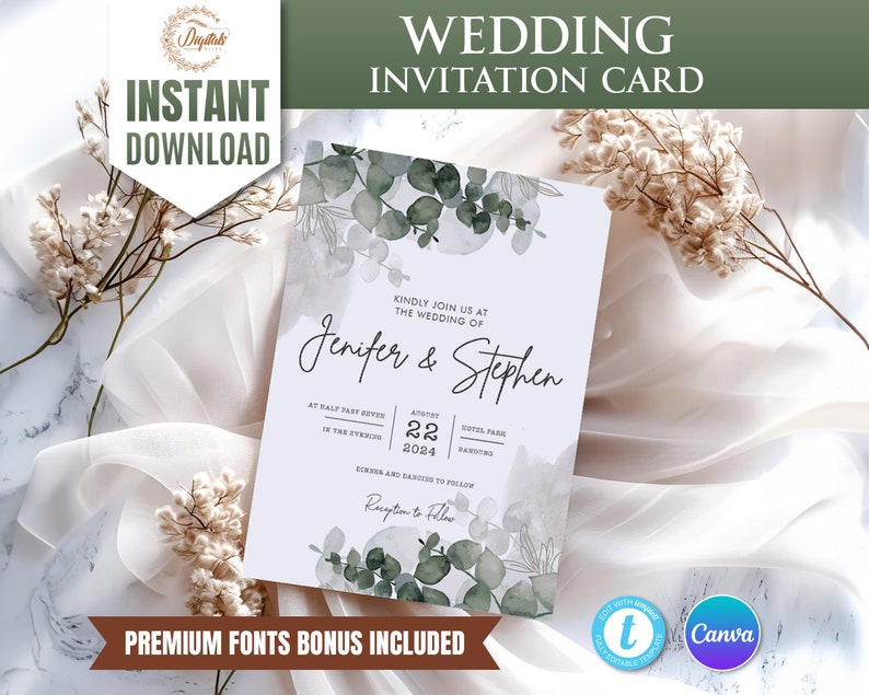 Greenery Invitation Template, Greenery Wedding Invite, Printable Wedding Templates, Eucalyptus Templett Invitation, Instant Download zdjęcie 1