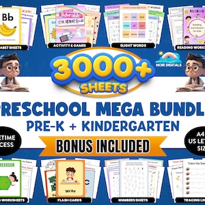 3000+ Pages ,Preschool Pre-K + Kindergarten Learning Bundle ,Activity Worksheets , Coloring , Dot To Dot, Color By Number ,Printable