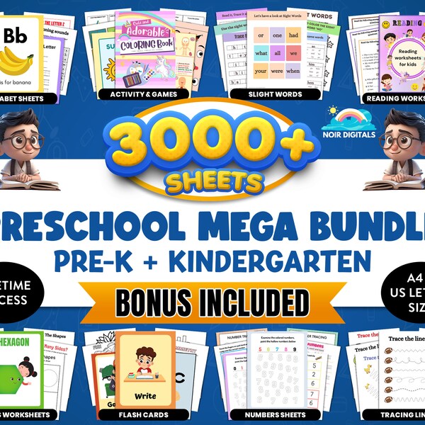 3000+ Pages ,Preschool Pre-K + Kindergarten Learning Bundle ,Activity Worksheets , Coloring , Dot To Dot, Color By Number ,Printable