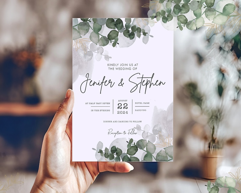 Greenery Invitation Template, Greenery Wedding Invite, Printable Wedding Templates, Eucalyptus Templett Invitation, Instant Download zdjęcie 4