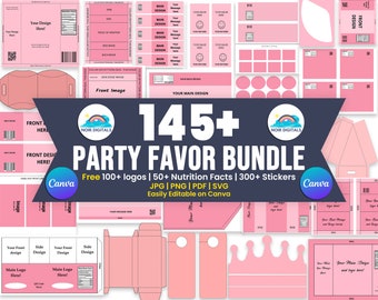 145+ Party favor Templates, Party favors, Template Bundle, Chocolate Wrapper Template, Water Bottle Template, Chip Bags Templates, Cake Box