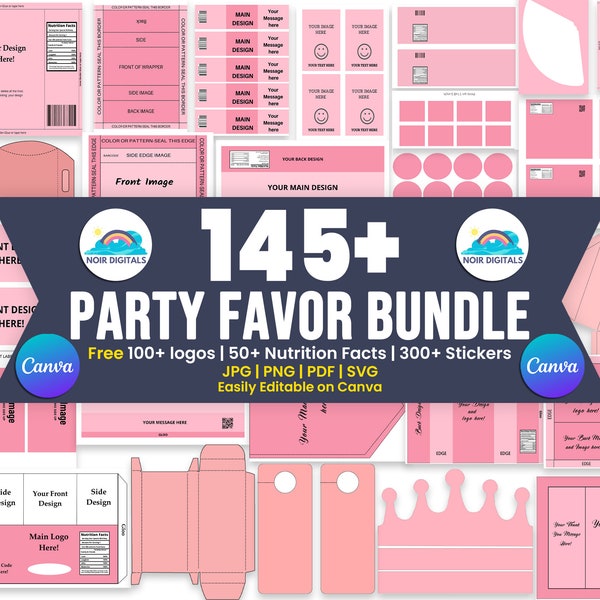 145+ Party favor Templates, Party favors, Template Bundle, Chocolate Wrapper Template, Water Bottle Template, Chip Bags Templates, Cake Box