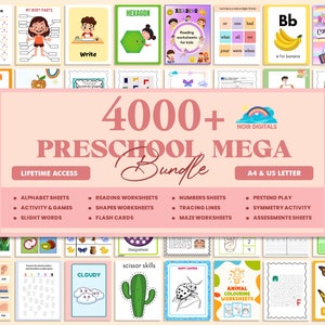 4000+ Preschool Pre-K + Kindergarten Learning Bundle, Activity Worksheets, Alphabet, Numbers, Shapes, Colors, Coloring pages, Do a Dot