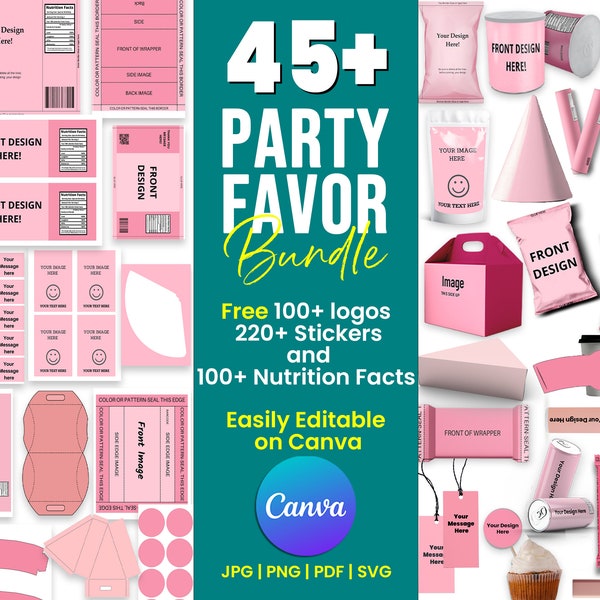 45+ Party Favor templates, Printable Templates Bundle, Capri Sun Labels, Gable Box, Chip Bag Template, Ring Pop, Chocolate Wrapper Template